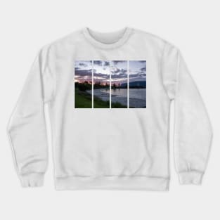 Wonderful landscapes in Norway. Vestland. Beautiful scenery of a sunset on a calm sea in a sunny day with red sky and National monument Hjorungavag. Crewneck Sweatshirt